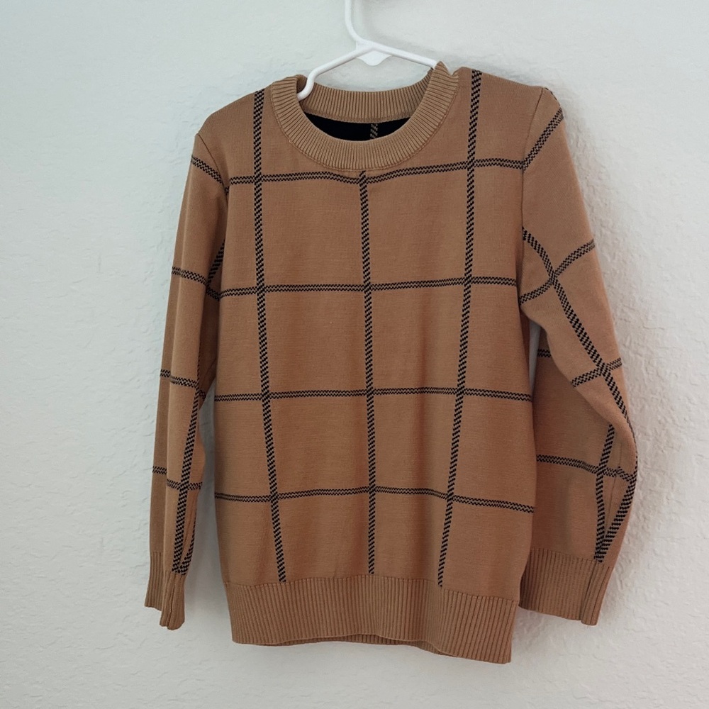 Boys Tan Sweater with Black Grid Pattern